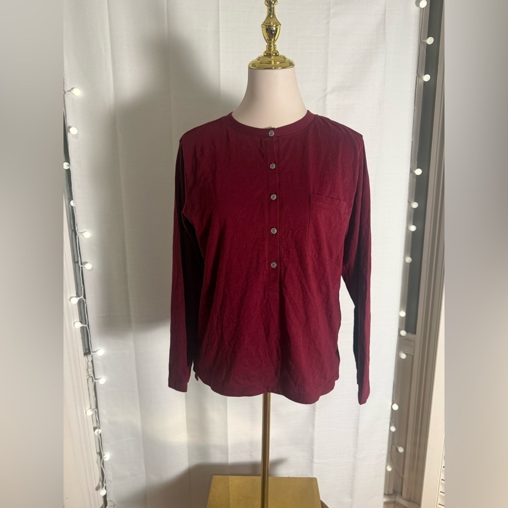 Skin Organic Pima Cotton Burgundy Henley Top Heart Sleeve Detail Size 1